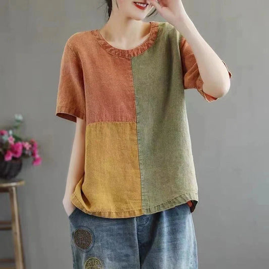 Cotton linen T-shirt for women with contrast colour collar and artistic design