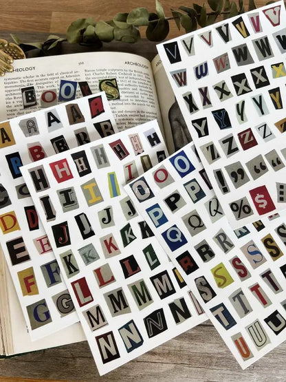 English letters and numbers symbol label stickers set showing alphabet collections and week words for organisation