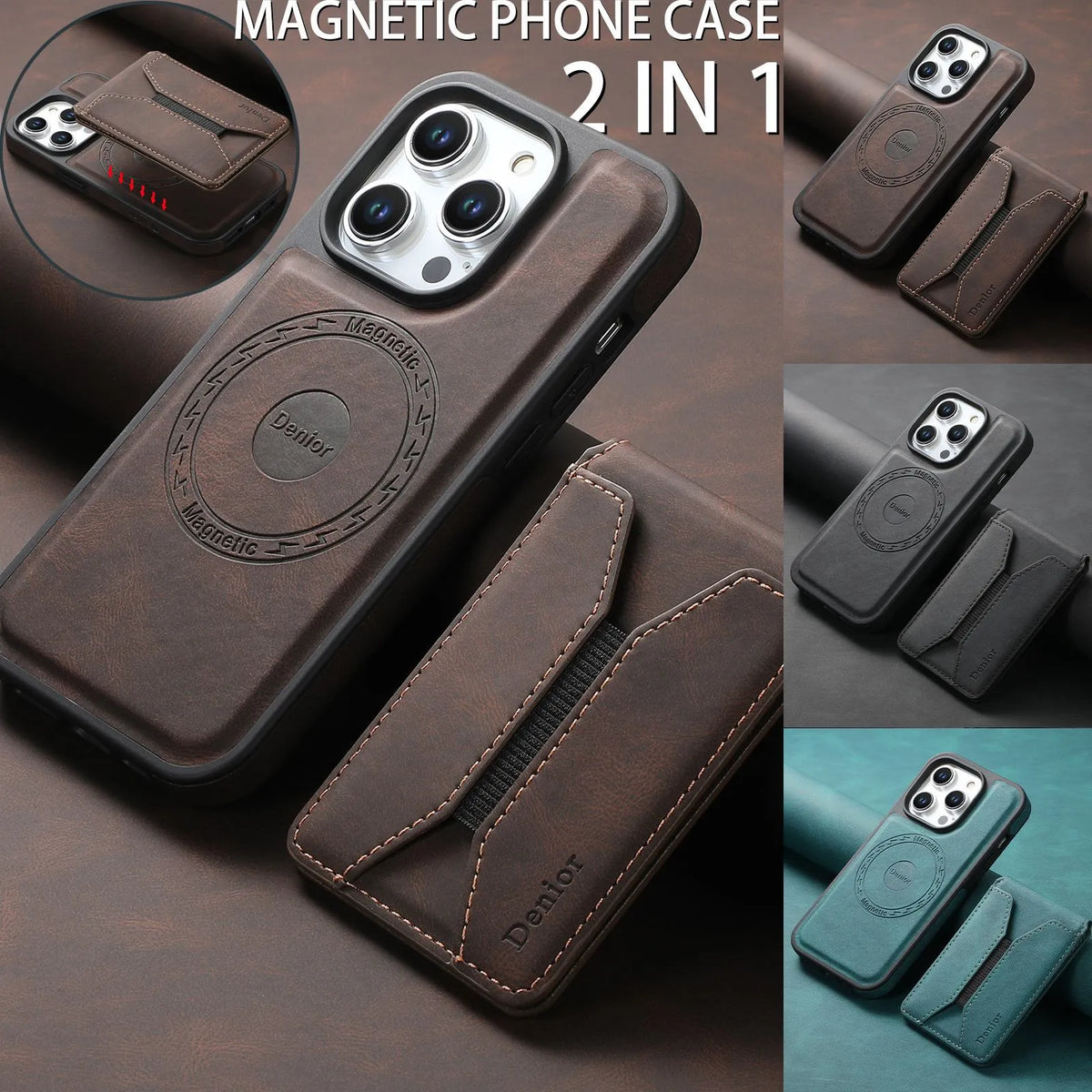 Magnetic iPhone case with rotating bracket and card pack in blue, brown, or black imitation leather.