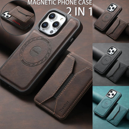 Magnetic iPhone case with rotating bracket and card pack in blue, brown, or black imitation leather.