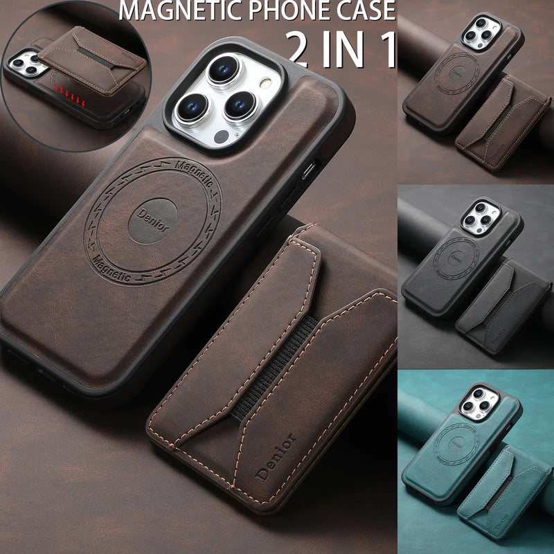 Magnetic Phone Case with Rotating Bracket and Card Pack for iPhone 12 to 16 Pro Max in Blue Brown Black Imitation Leather