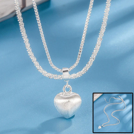 Double layer brushed heart pendant necklace for women with water wave chain