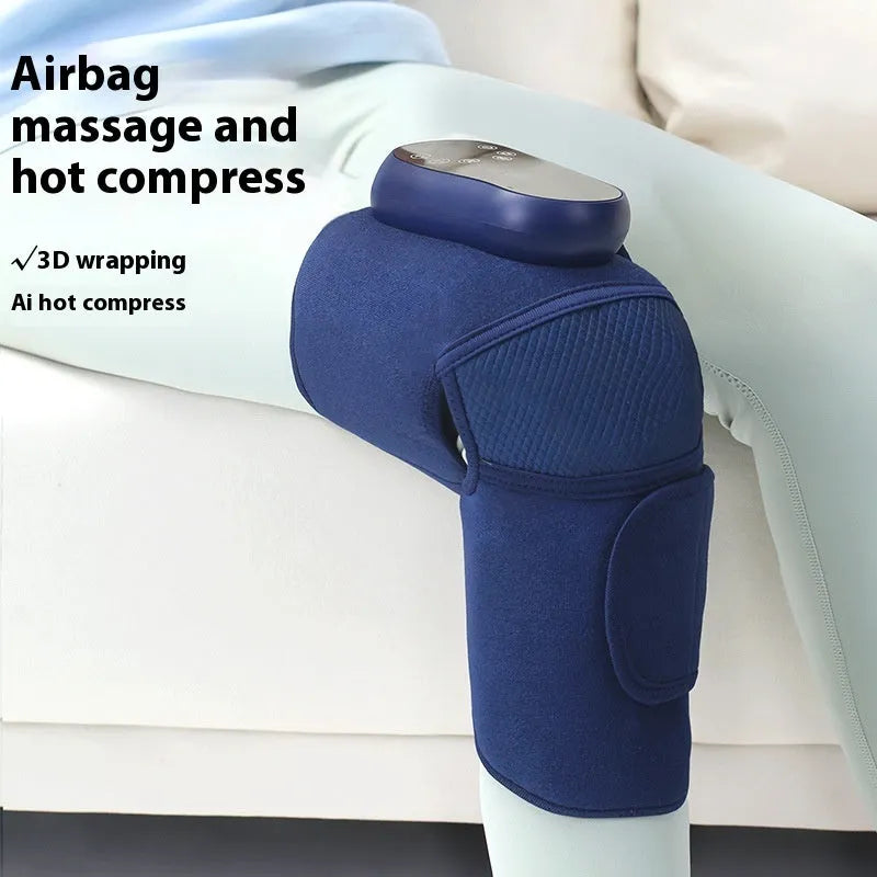 Blue self-heating knee massager showing airbag construction and control interface