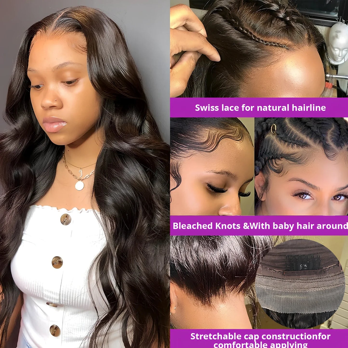 Body wave lace front wig from 100% Peruvian human hair, 8-36 inches, natural colour with deep parting