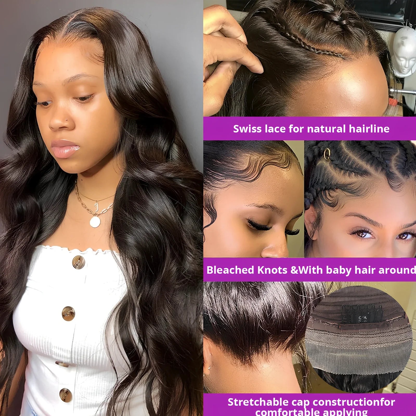 Body wave lace front wig from 100% Peruvian human hair, 8-36 inches, natural colour with deep parting