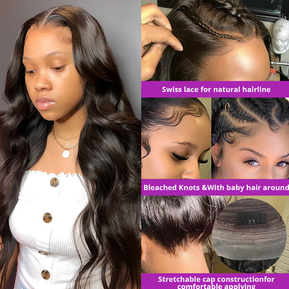 Body wave lace front wig from 100% Peruvian human hair, 8-36 inches, natural colour with deep parting