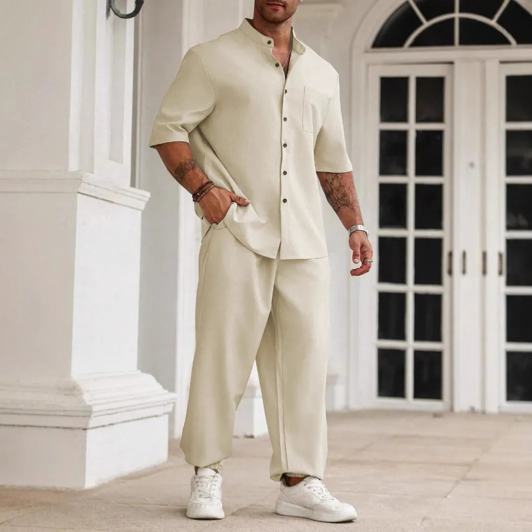 Men's cotton linen casual trousers set with short-sleeved button shirt in black, grey or apricot