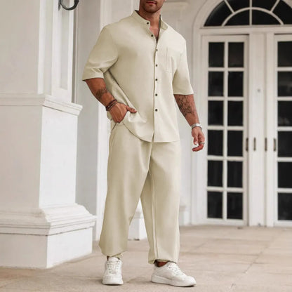 Men's cotton linen casual trousers set with short-sleeved button shirt in black, grey or apricot