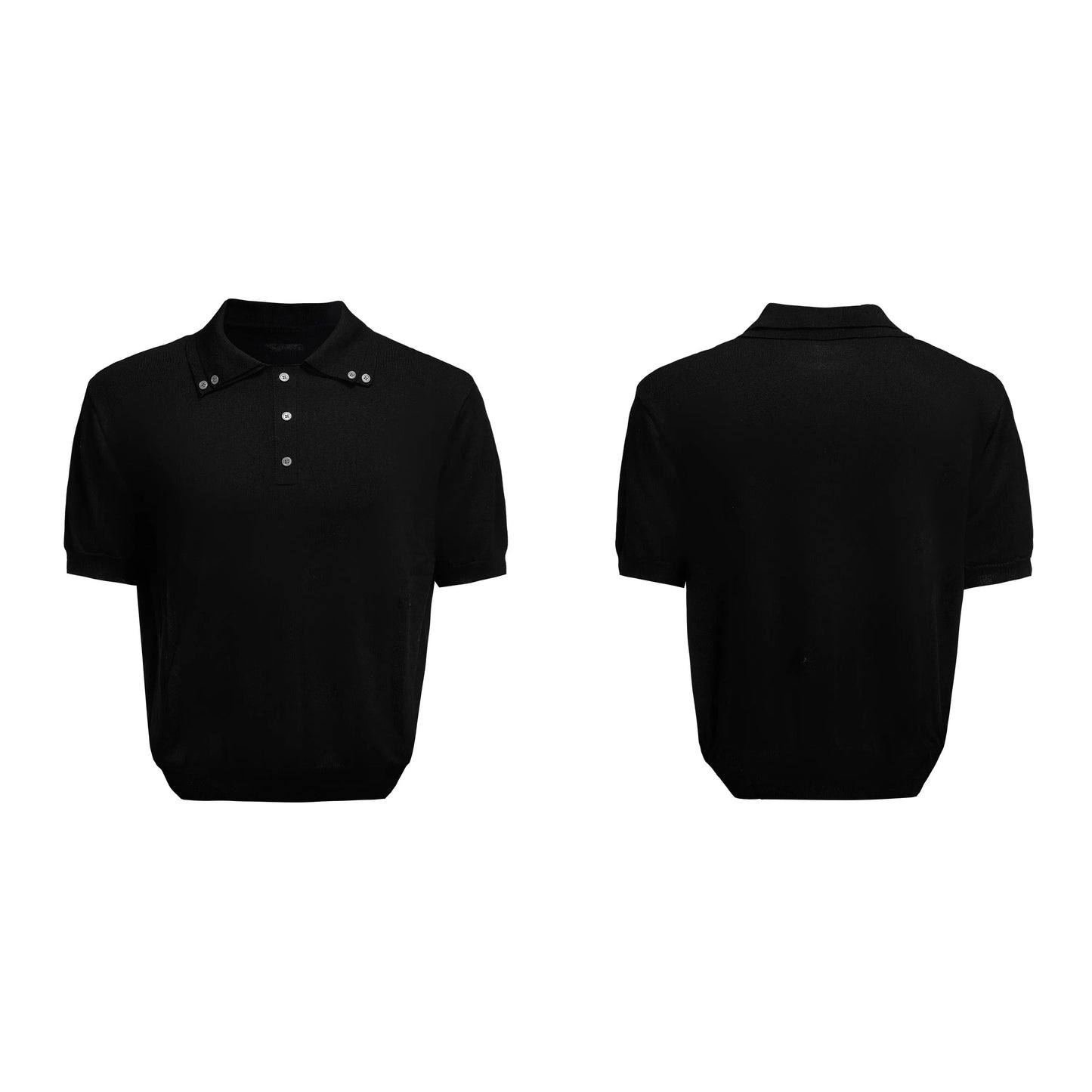 Men's slim knit short sleeve shirt with double collar design in black colour