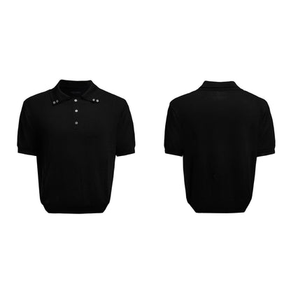 Men's slim knit short sleeve shirt with double collar design in black colour