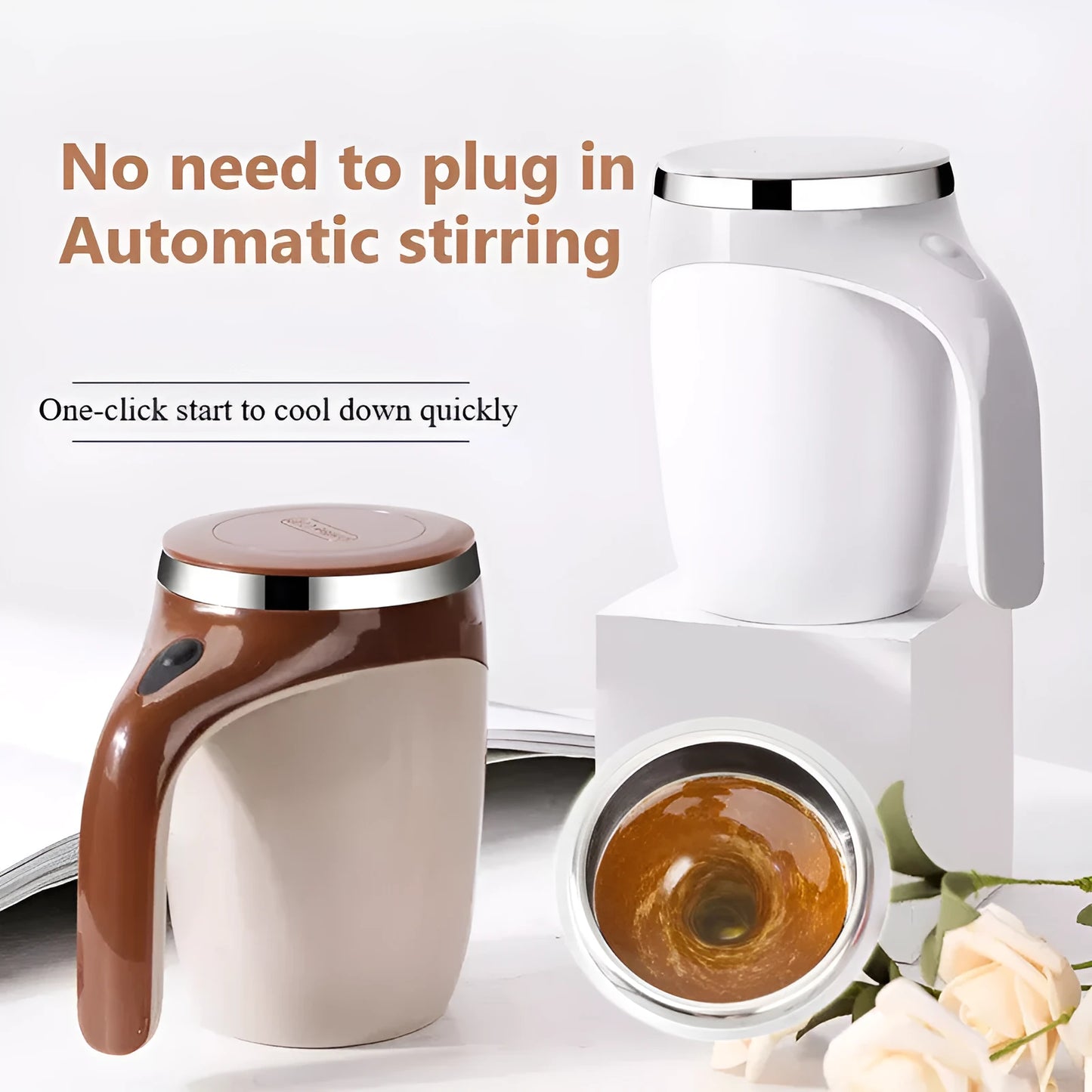 White automatic stirring coffee cup with magnetic mixing technology and modern design