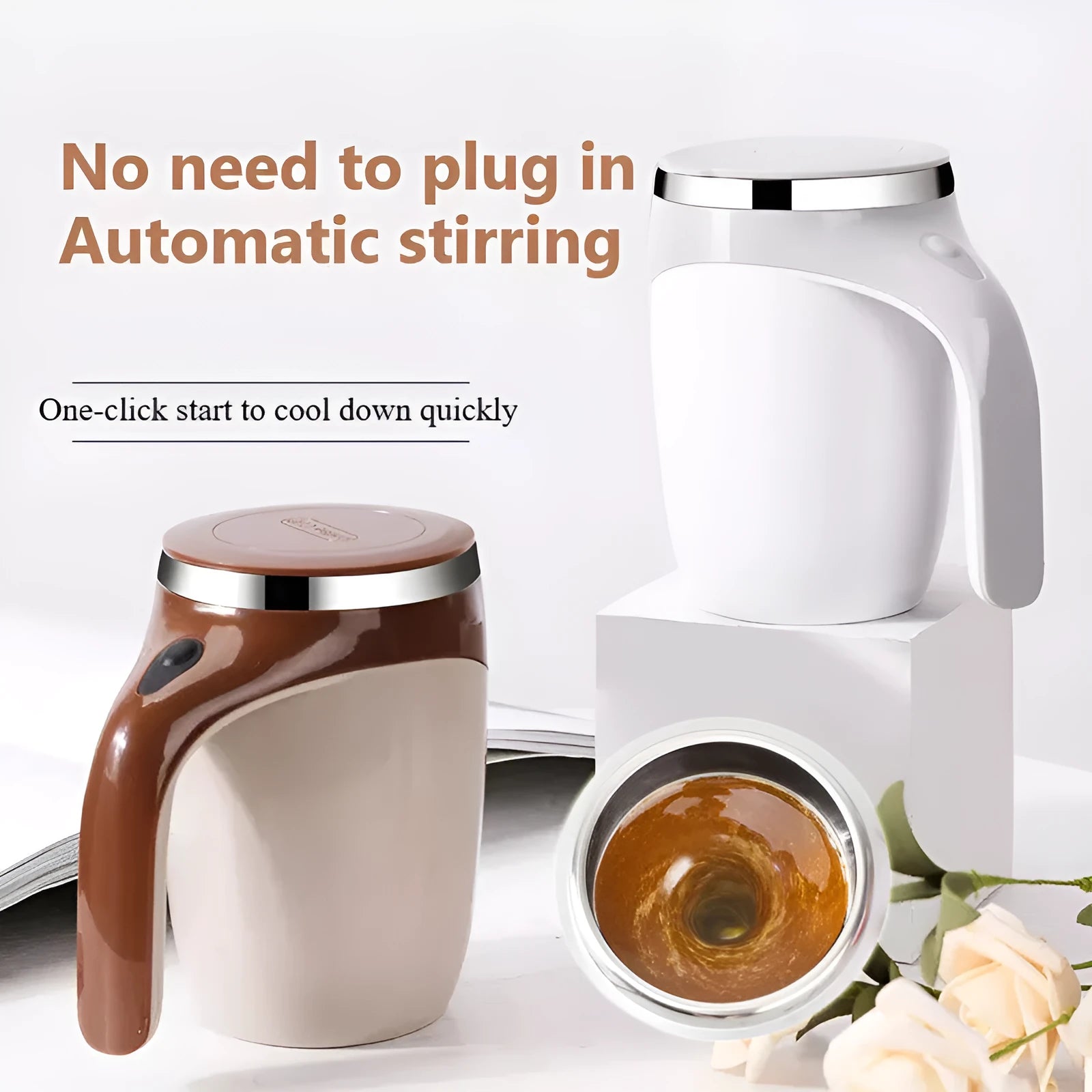 White automatic stirring coffee cup with magnetic mixing technology and modern design