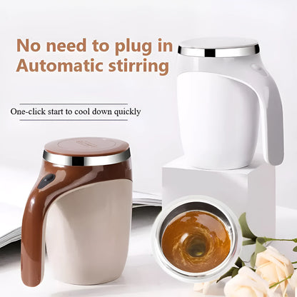 White automatic stirring coffee cup with magnetic mixing technology and modern design
