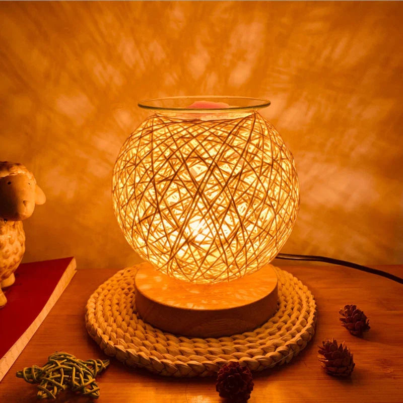 Elegant bamboo wood wax melt warmer with dimming night light feature, available in beige, blue, and pink colours