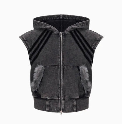 Korean style sleeveless tank top with hooded collar and zippered front paired with matching trousers