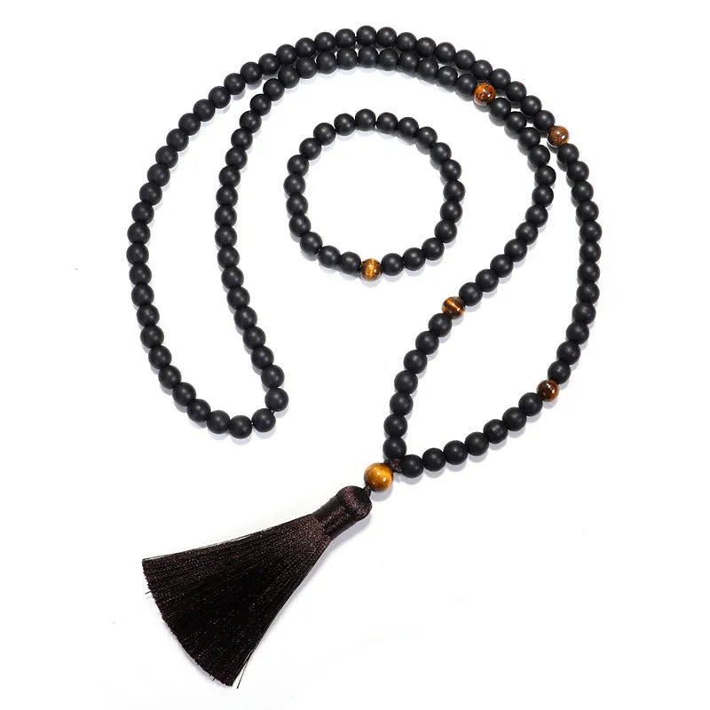 Tiger eye stone yoga necklace and matching bracelet set with tassel pendant