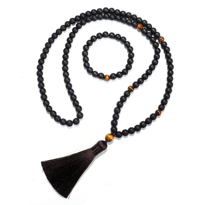 Tiger eye stone yoga necklace and matching bracelet set with tassel pendant