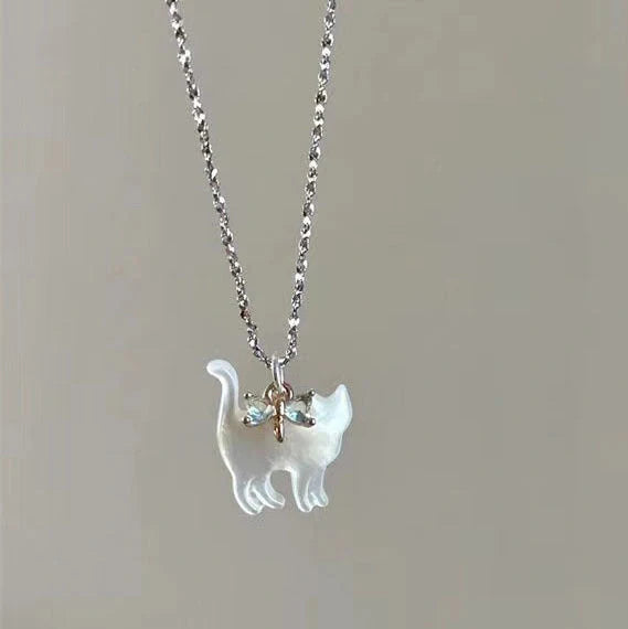 Cute transparent cat rhinestone pendant necklace with silver plated chain