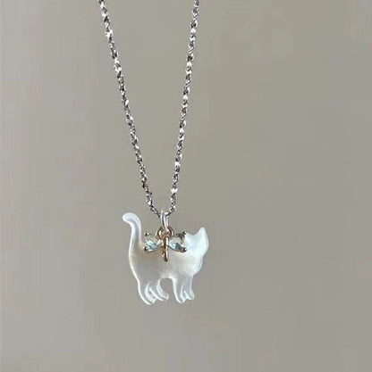 Cute transparent cat rhinestone pendant necklace with silver plated chain