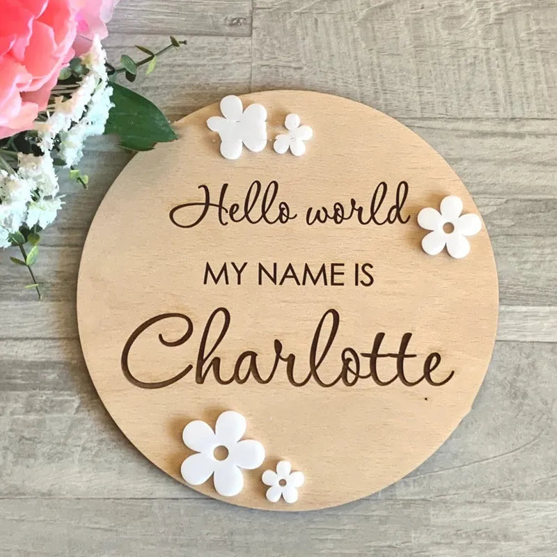 15cm square wooden newborn name label with birth details on plywood in three style variations