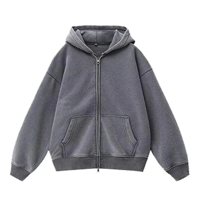 Women's distressed colour fleece-lined hooded cardigan sweater with patch pockets