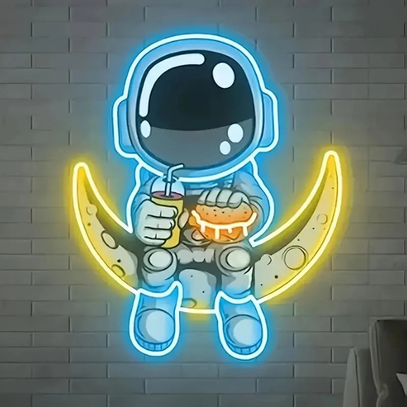 Astronaut lamp wall mounted Ed neon light for bar hotel game room birthday party decoration, USB powered LED neon light with plastic shell, 30cm x 35cm size available in moon astronaut blue lemon yellow or cold white lemon yellow colour options