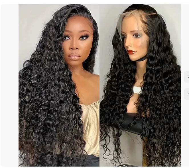 Curly human hair lace front wig on a stand, showing natural texture and length.