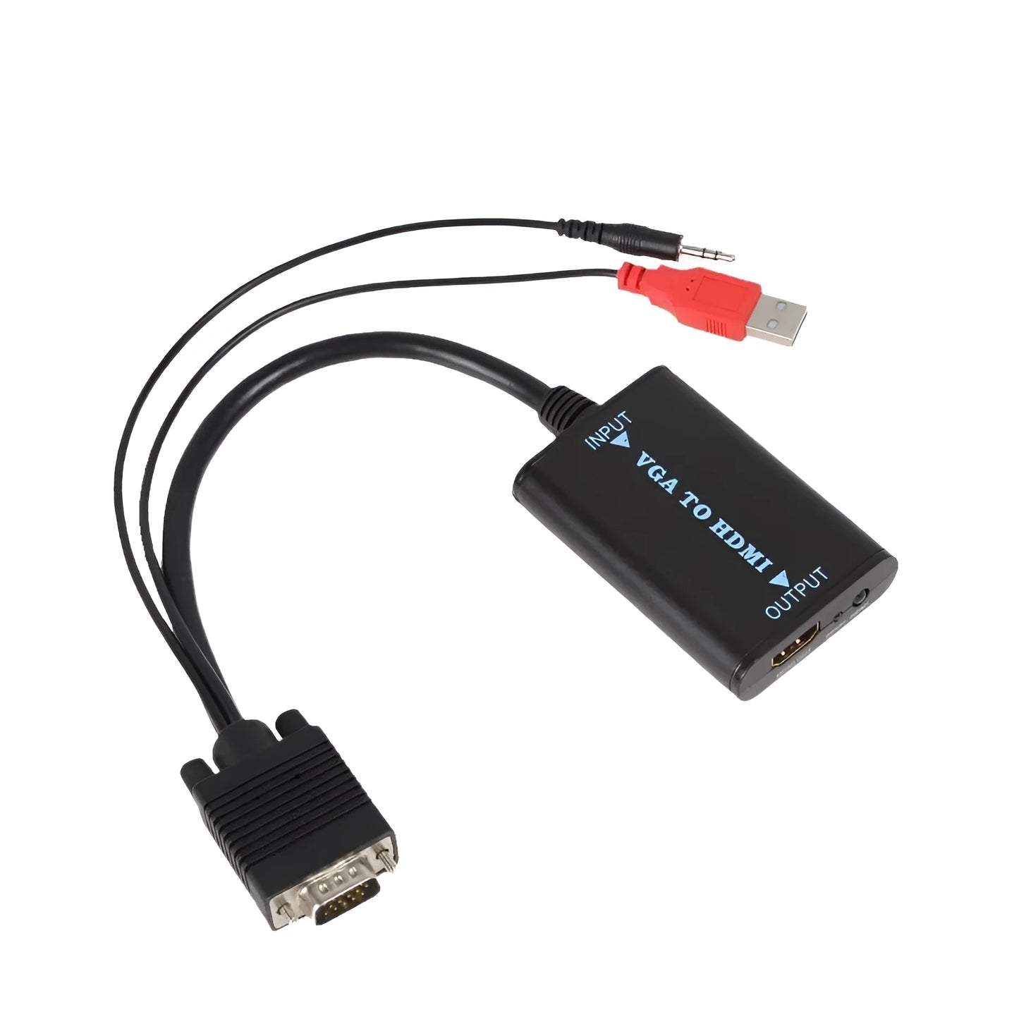 Black VGA to HDMI female converter with attached USB cable for power and audio