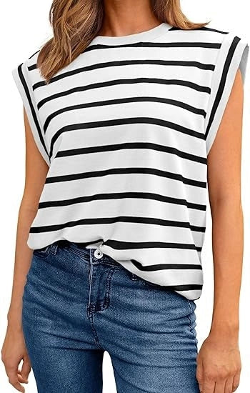 Crew Neck Striped Vest Sweater in white, black, and khaki options