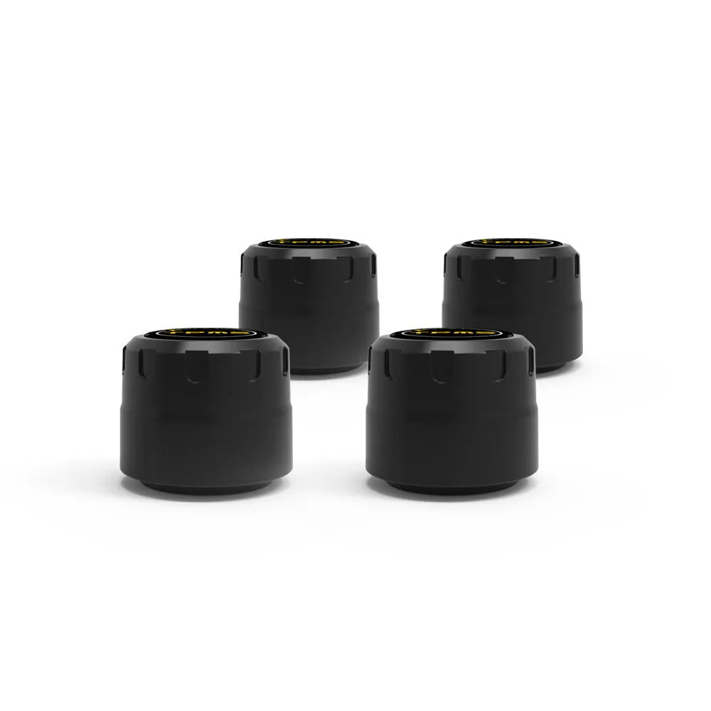 Bluetooth 5.0 automotive tyre pressure monitoring system with four black external sensors, a wrench, and anti-theft screws.