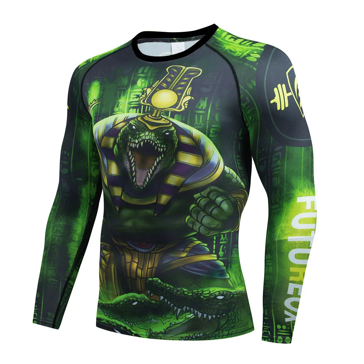 Man wearing a slim-fit, long-sleeved printed ZF016 sports suit for running and fitness.