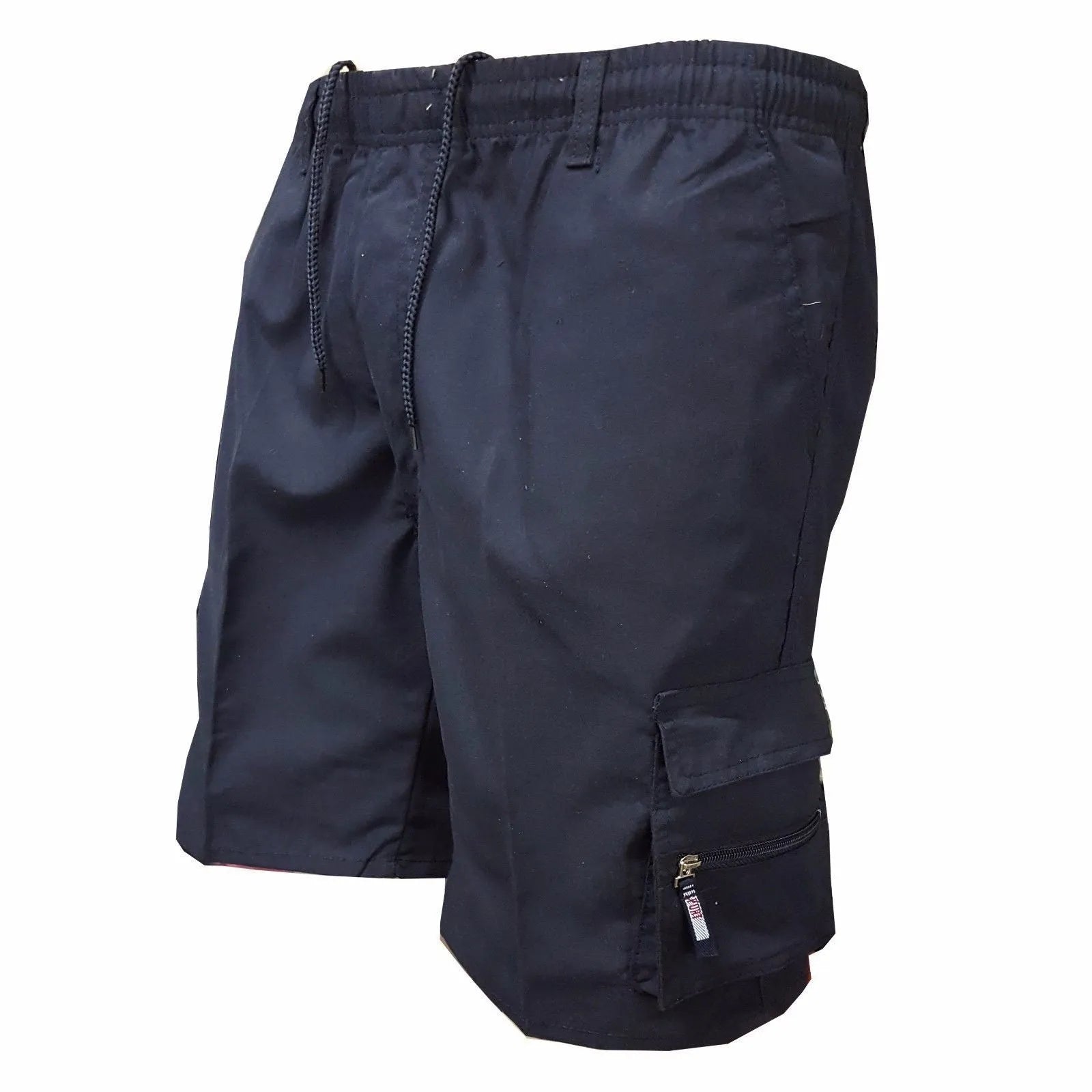 Men's multi-pocket cotton casual shorts in khaki with a drawstring waistband, shown in a loose fit.