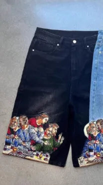 Blue tapered cotton shorts with Jesus print on back pocket