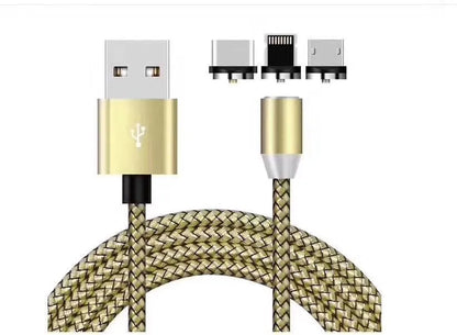 Black magnetic charging cable with connectors for Android, Type C, and Apple devices on a white background