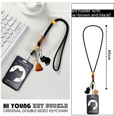 Cartoon cat design plastic card holder sleeve with a metal ferrule pendant clip attached.