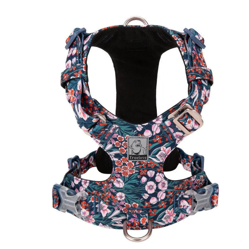 Floral pattern pure cotton pet chest harness strap in red, blue, or green with adjustable sizing