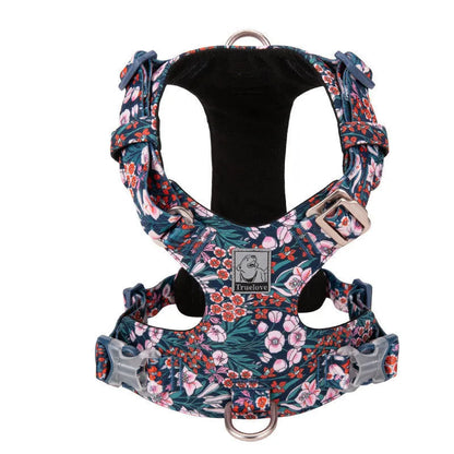 Floral pattern pure cotton pet chest harness strap in red, blue, or green with adjustable sizing