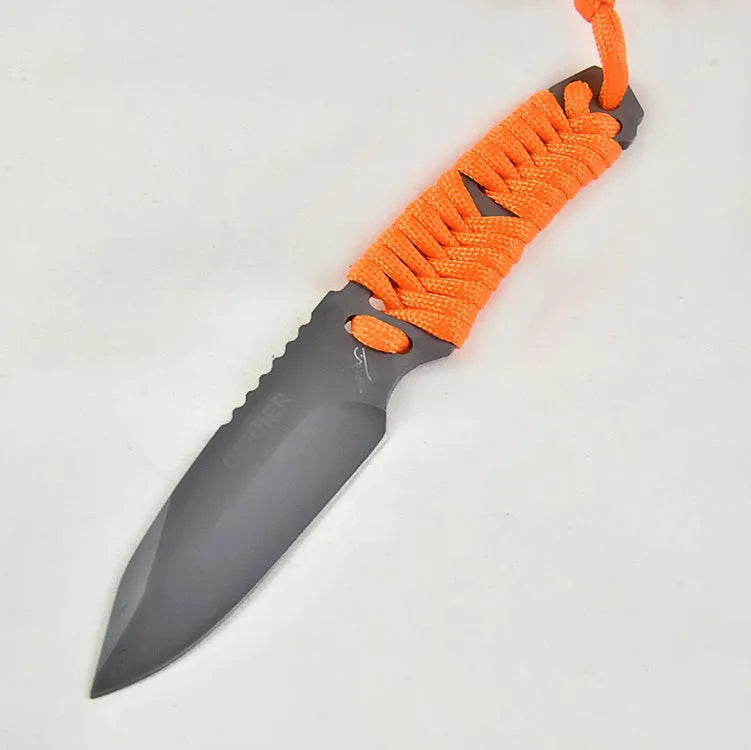 Straight-blade survival knife with a binding rope handle next to its black ABS plastic sheath.
