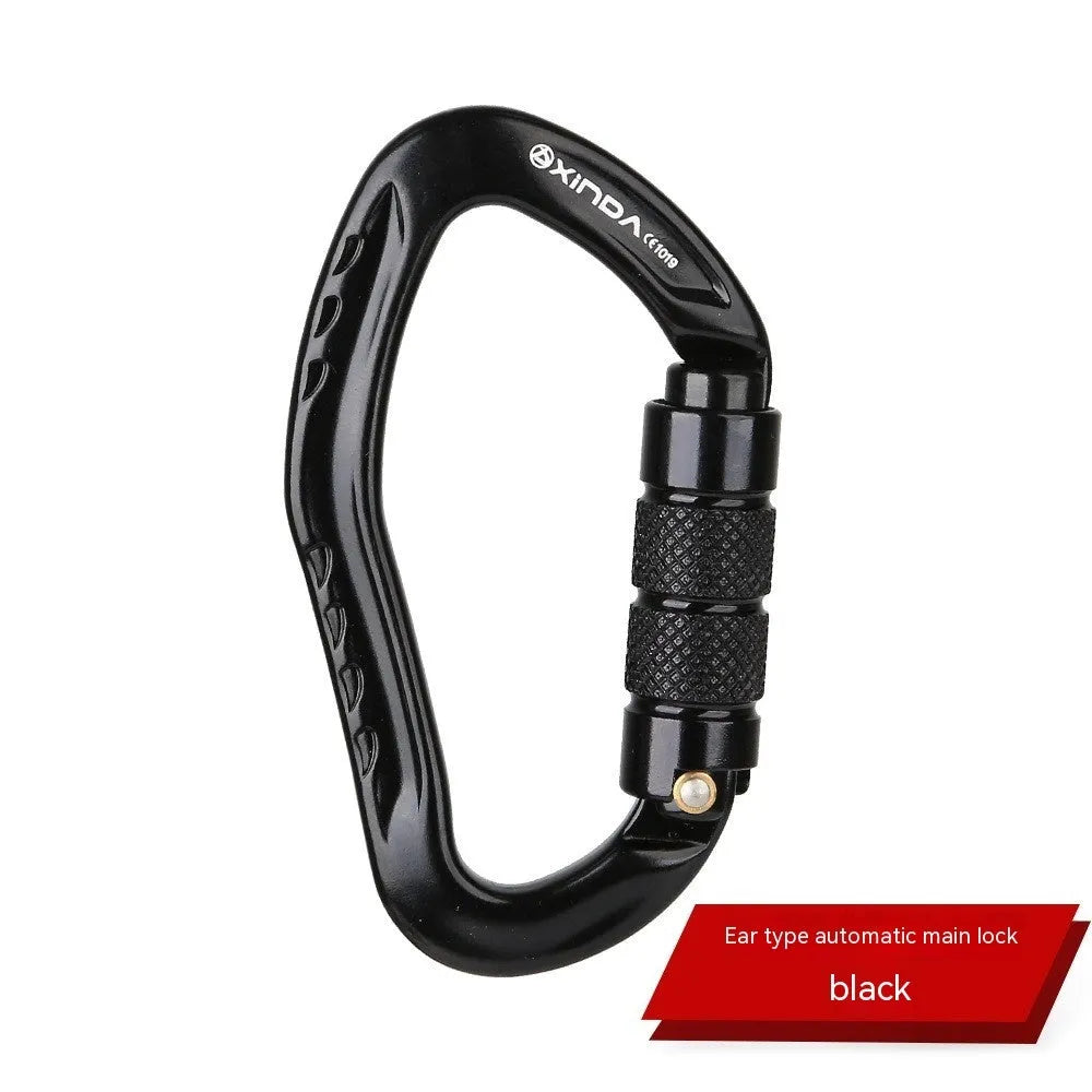 Automatic locking metal climbing carabiner with a manual safety screw on the gate, shown in silver finish.