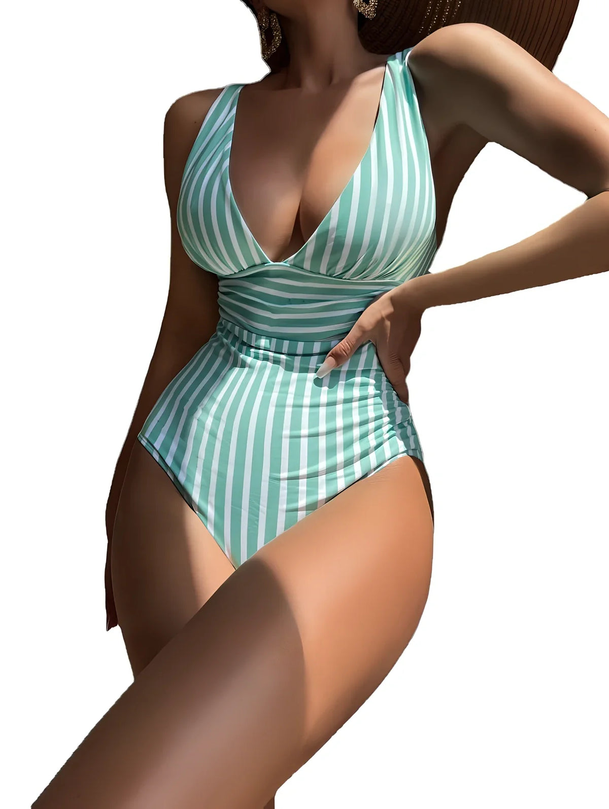 Women's striped one-piece swimsuit in polyester-spandex blend with four colour options and size variations