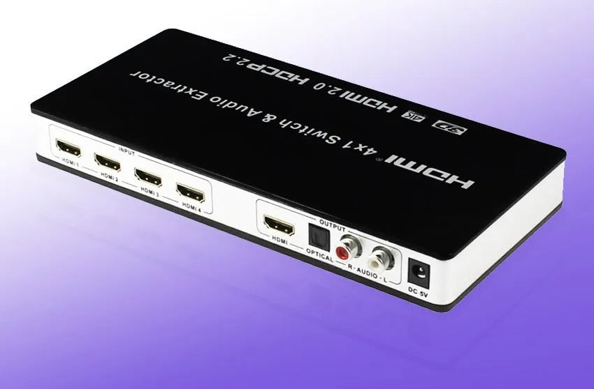 Black HDMI switch with remote control showing 4 HDMI inputs and 1 output for video switching with audio separation