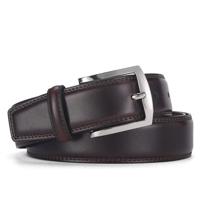 Men's genuine leather belt with pin buckle in black and brown colour options showing length measurements