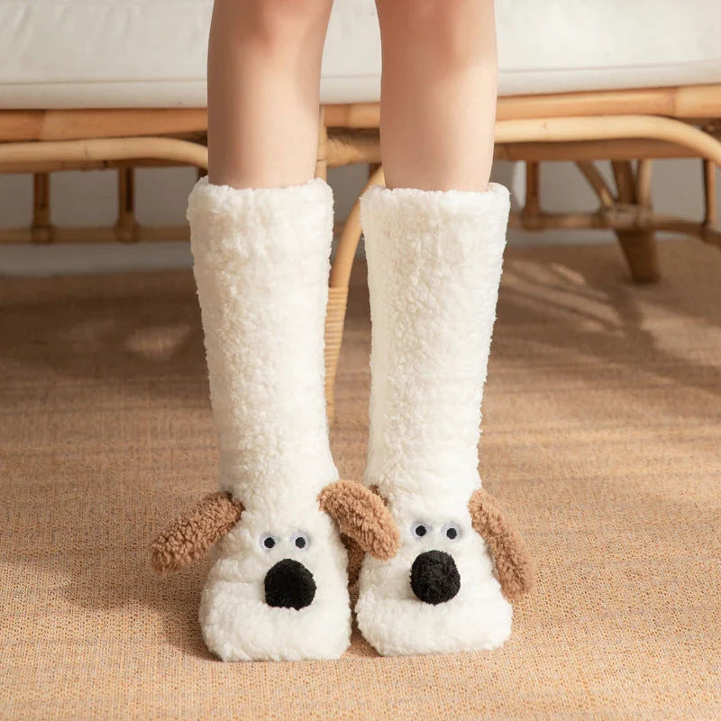 Cozy cartoon dog-themed floor socks in a variety of adorable designs, featuring soft acrylic fabric and non-slip soles