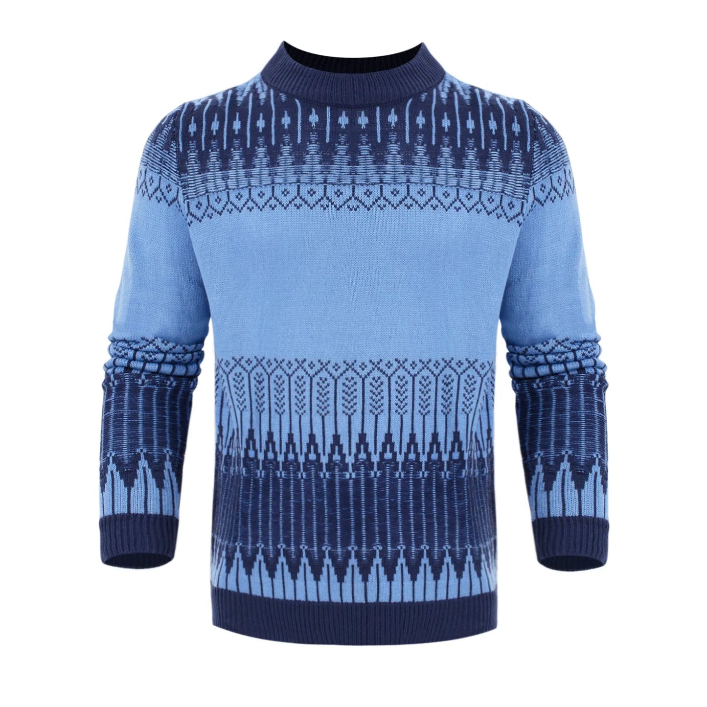 Men's knitted crew neck pullover sweater with long sleeves shown in multiple sizes