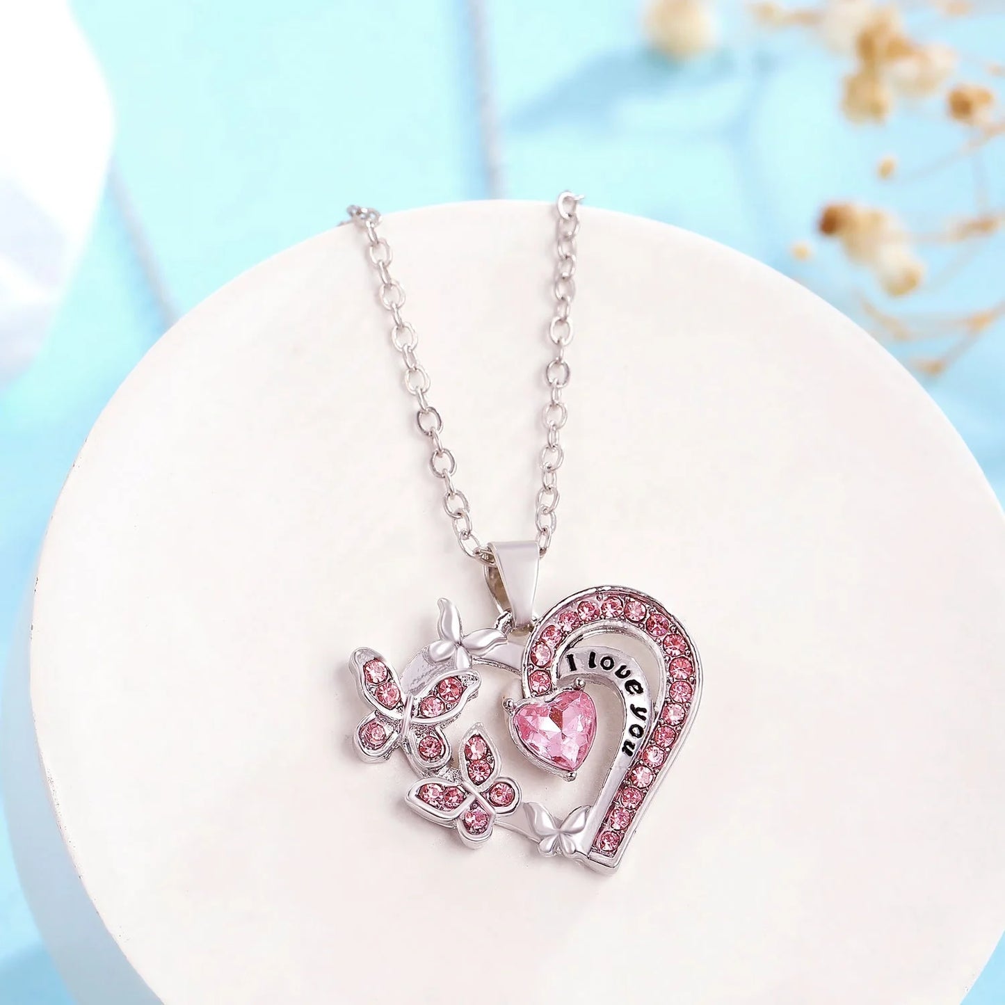 Butterfly Love Rhinestone Heart Necklace in various colours for Valentine's Day