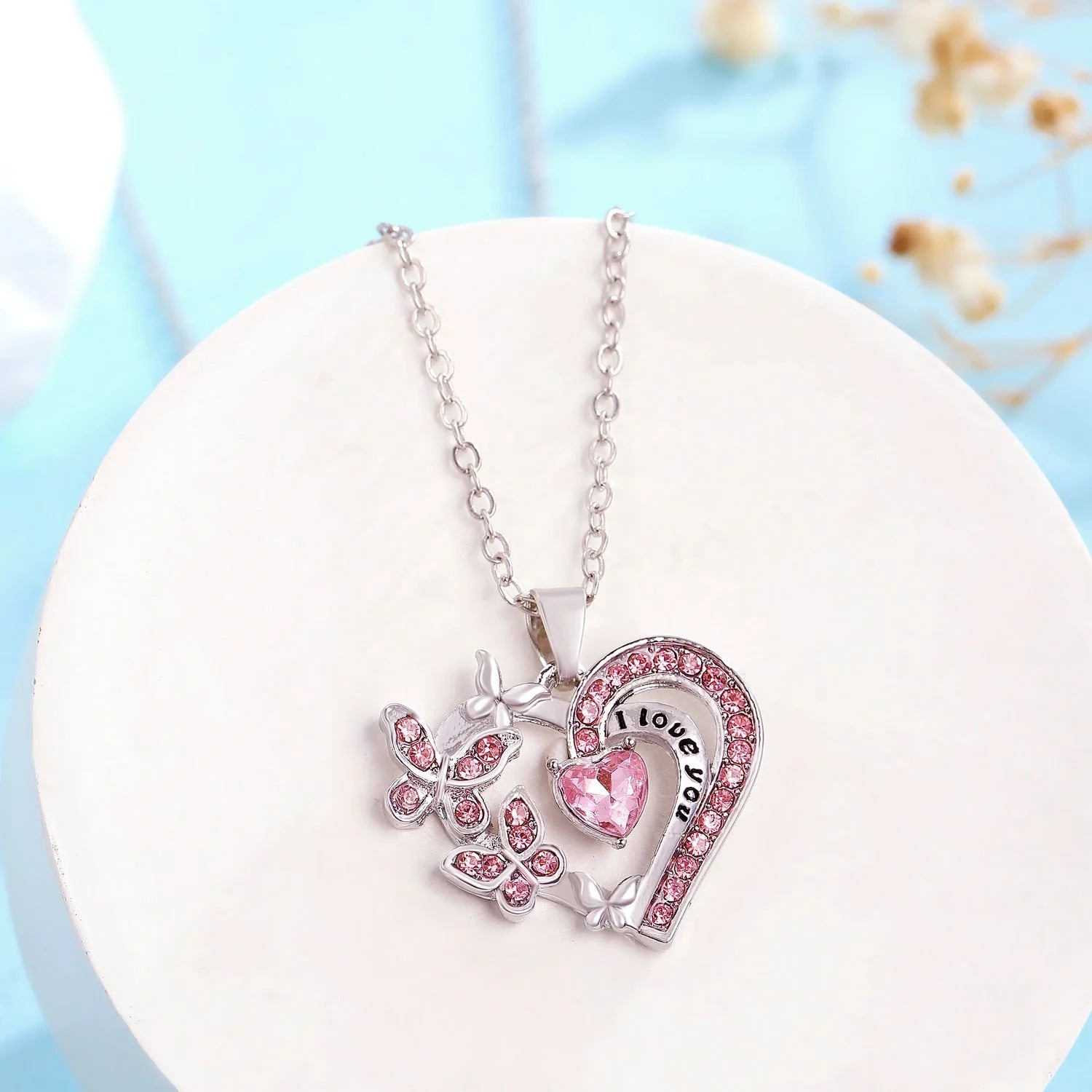 Butterfly Love Rhinestone Heart Necklace in various colours for Valentine's Day