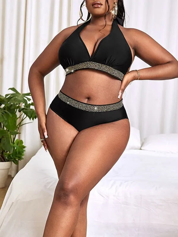 Black plus size women's bikini set with bra and shorts for swimming and hot springs