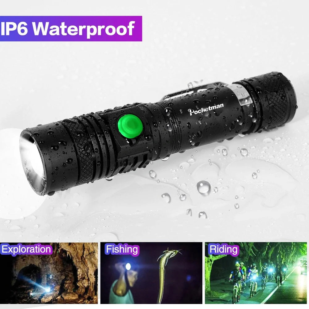 Black WT518 T6 LED flashlight with zoomable head and clicky switch, showing compact 15cm aluminium body