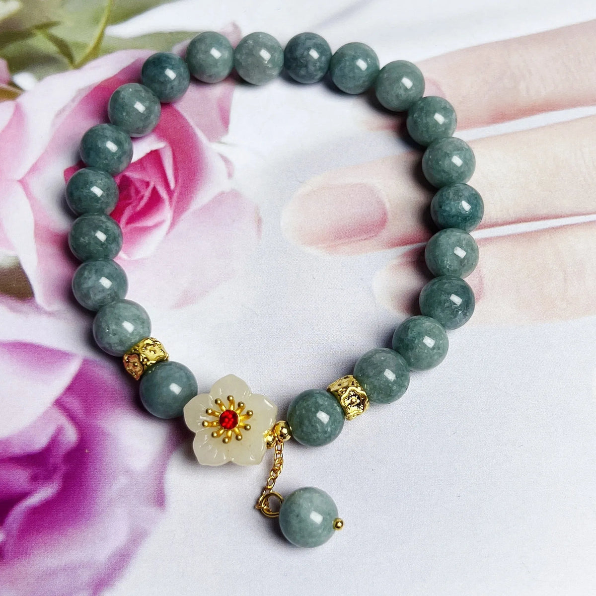 Women's adjustable jade bracelet with rope fastening showing retro styling and optimised jade colour