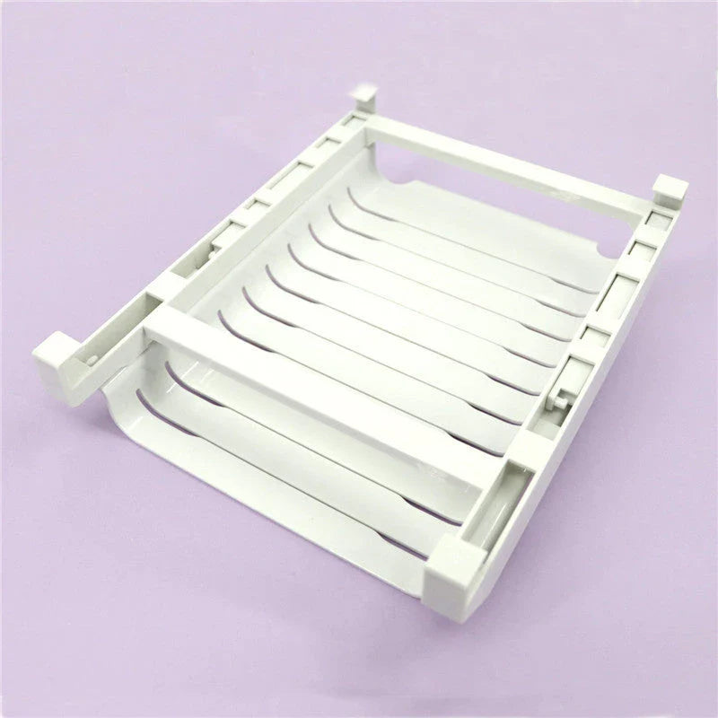 Versatile refrigerator organizer with adjustable telescopic design to neatly store and organize ziplock bags, freeing up space in the fridge